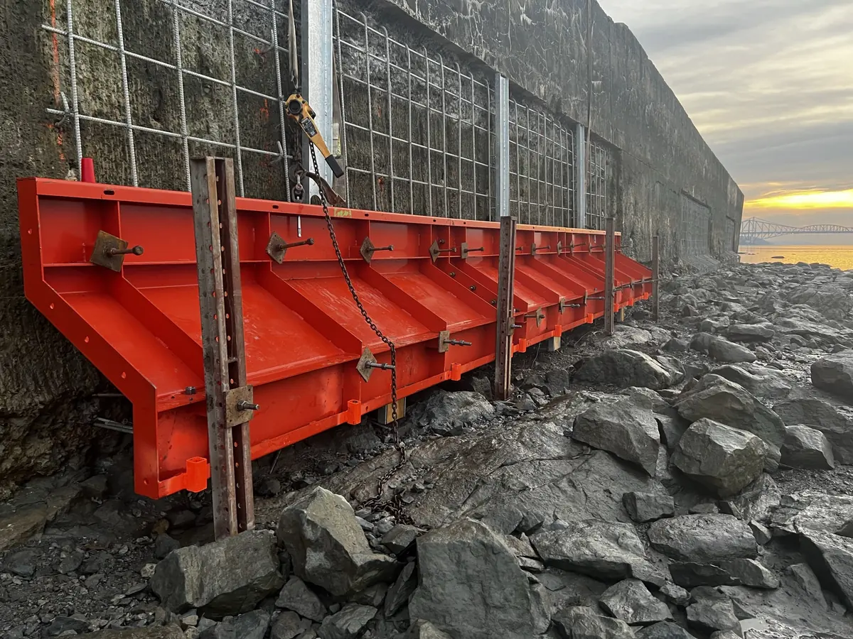 Formwork in place at low tide, Anse Benson project