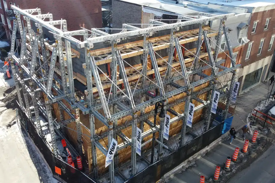 Steel frame holding the facade during interior demolition
