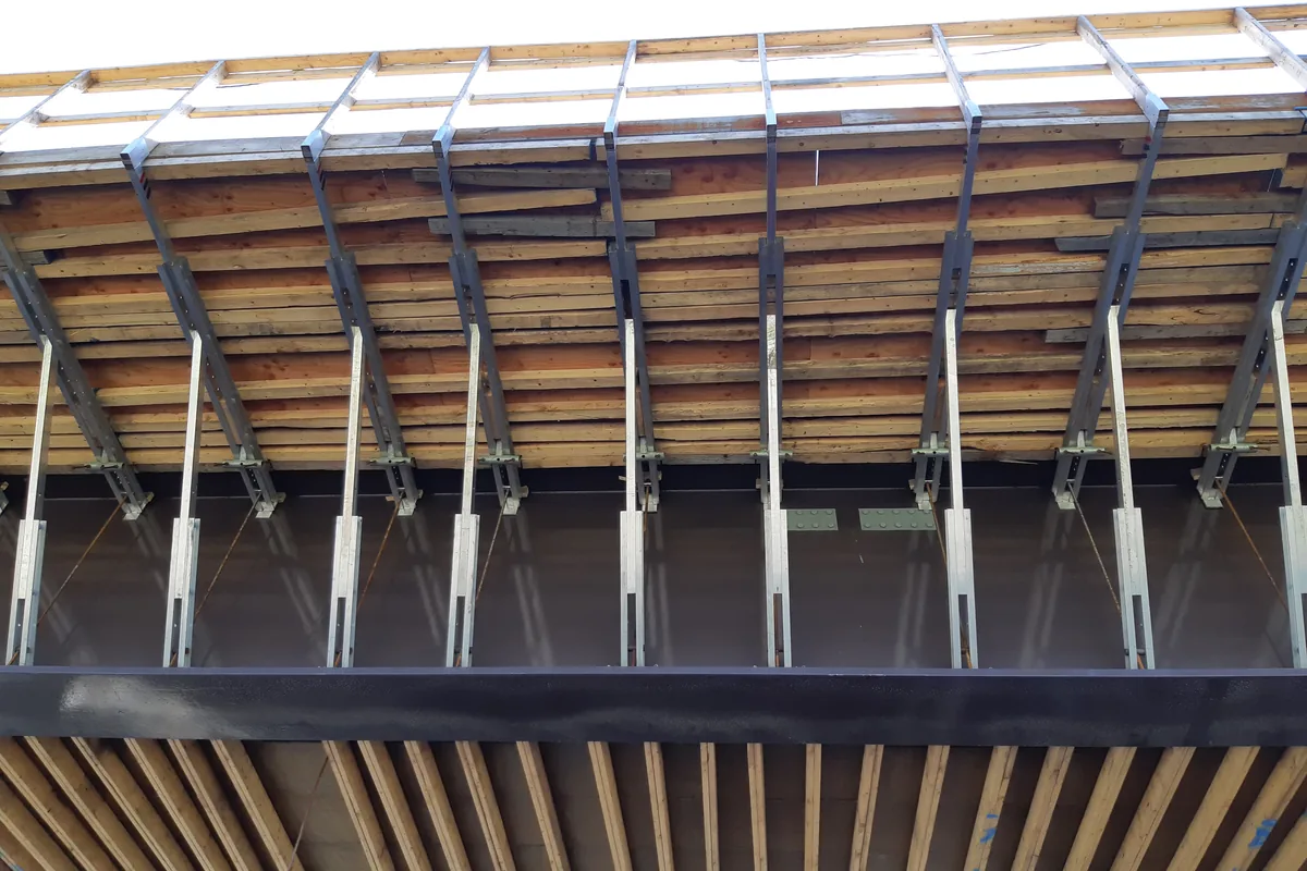 Bridge deck shoring and formwork, view from below