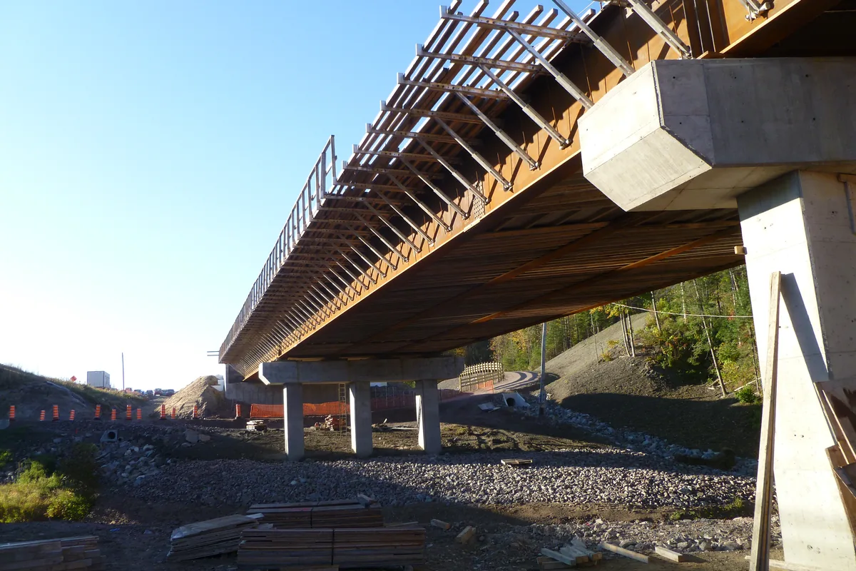 Bridge deck shoring seen from below
