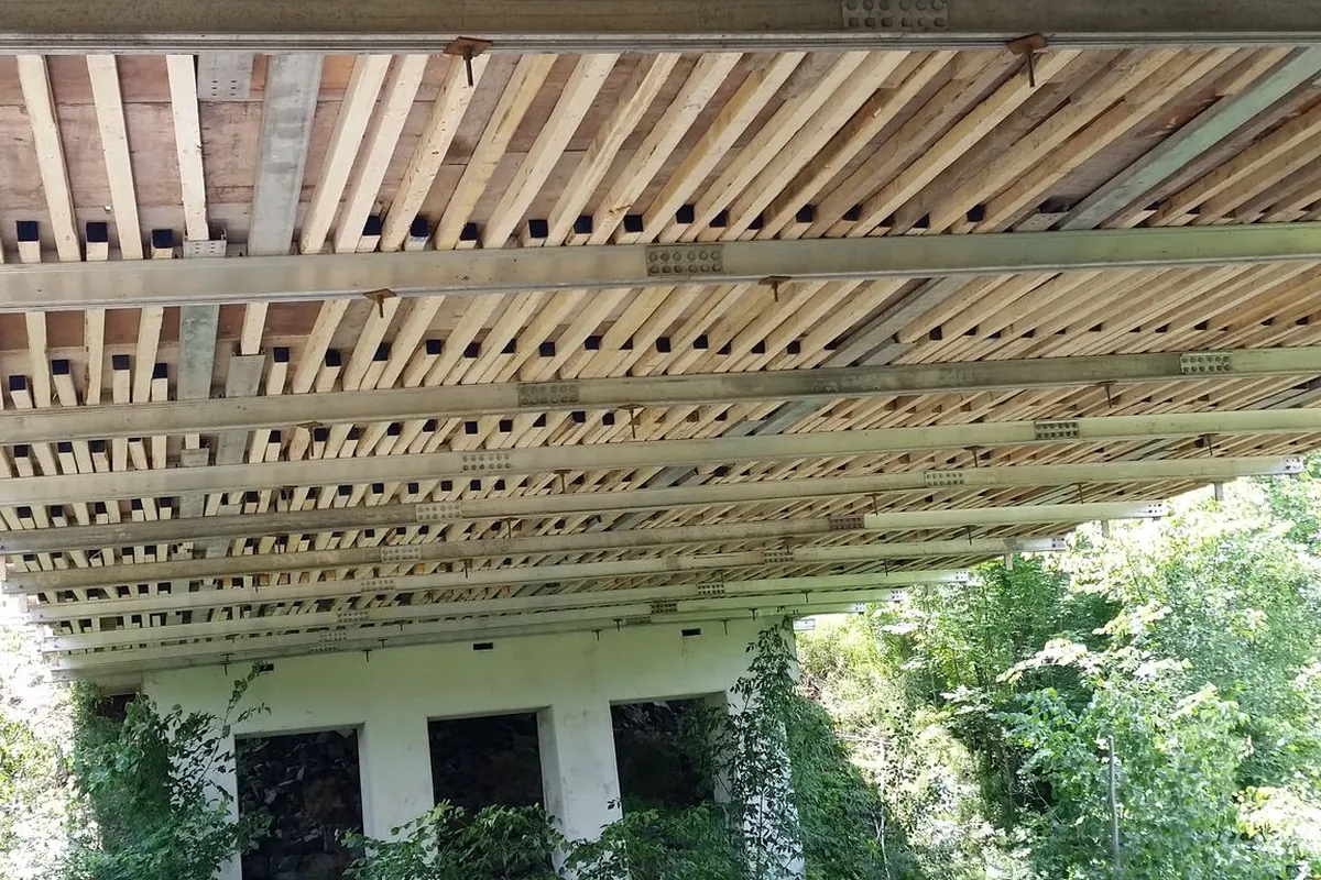 Timber access deck beneath a bridge deck